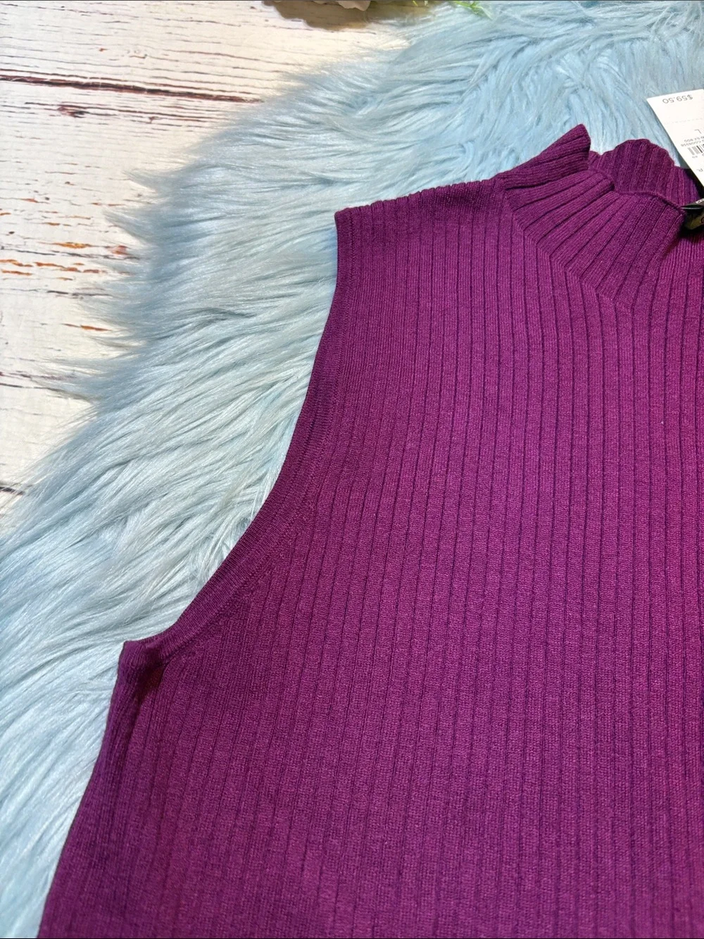 NWT Ann Taylor Sleeveless Ribbed Mock Neck Sweater Top in Plum Sz L